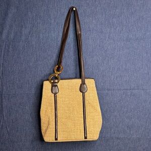 Susan Gail Y2K Straw Tote with Dark Brown Trim and Ring Accent.